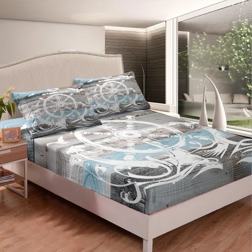 Miniatura 4 de Erosebridal Juego de sábanas de ancla náutica, sábanas de brújula oceánica, tamaño individual para niños, adolescentes, adultos, decoración