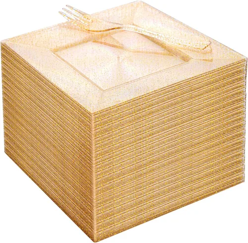 Miniatura 13 de DaYammi 200 platos de postre dorados, incluyendo 100 platos de aperitivo de 6 pulgadas, 100 tenedores de plástico de 5.7 pulgadas, platos cuadrados