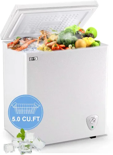 WANAI Congelador de pecho compacto de 5.0 pies cúbicos con 7 termostatos ajustables en la parte superior de la puerta abierta, compresor de Blanco