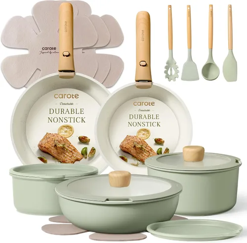 CAROTE Juego de ollas y sartenes, juego de utensilios de cocina antiadherentes, mango desmontable, 19 piezas de utensilios de cocina de inducción
