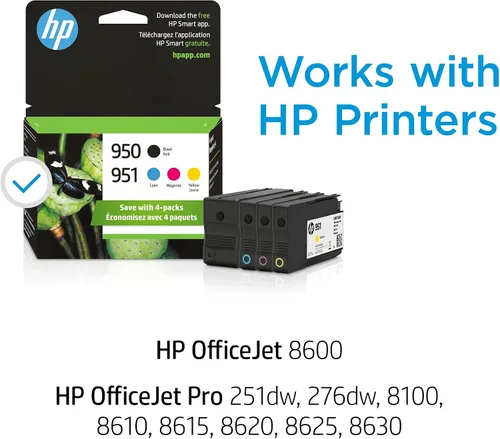Miniatura 2 de HP Cartuchos de tinta 950 negro/951 cian, magenta y amarillo (paquete de 4) Works OfficeJet 8600, OfficeJet Pro 251dw, 276dw, 8100, 8610