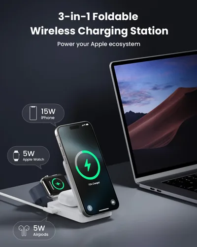Miniatura 4 de Cargador Inalámbrico 3 en 1 Estación de Carga para iPhone, Soporte de Carga Magnético de 15W Certificado Qi2 para Mag-Safe con Adaptador USB C