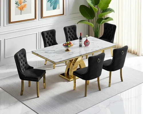 Miniatura 46 de Moderno juego de mesa de comedor de mármol sintético de 68.11 pulgadas para 6, mesa de comedor de mármol blanco y plateado con 6 sillas de Blanco