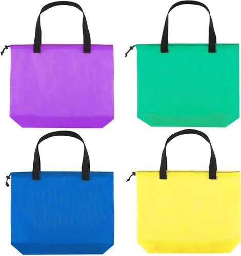 Miniatura 12 de Paquete de 4 bolsas reutilizables de malla colorida para la playa, bolsa de compras de malla con cordón para viajes, juguetes, regalo o lavandería