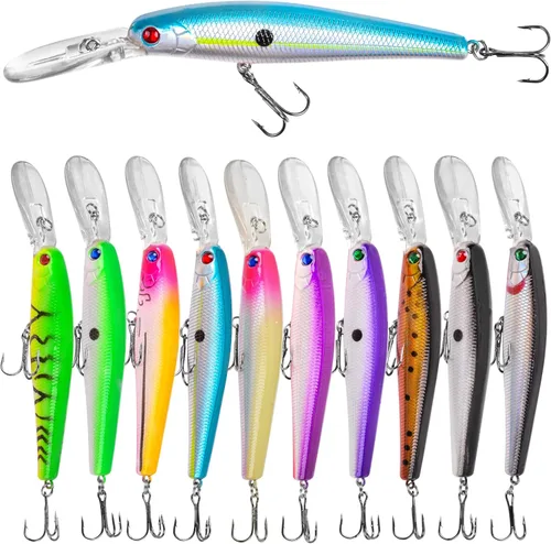 Miniatura 8 de Crankbait Minnow - Señuelos de pesca, 10 señuelos de agua superior con anzuelos agudos, cebos duros Swimbaits 3D ojos de pesca realistas cebo