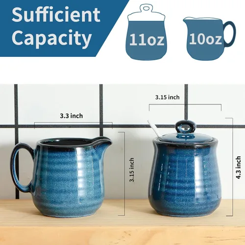 Miniatura 5 de Hasense Juego de Azucarero y Cremera de Porcelana, Azucarero de 11 Onzas con Tapa y Cuchara, Jarra de Crema de 10 Onzas, Juegos de Café Estilo Azul