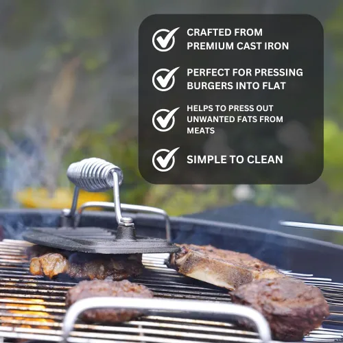 Miniatura 3 de BBQ Dragon Prensa para parrilla de hierro fundido – Prensa de hamburguesas, tocino y panini resistente de 2.9 libras – Pre sazonada para asar