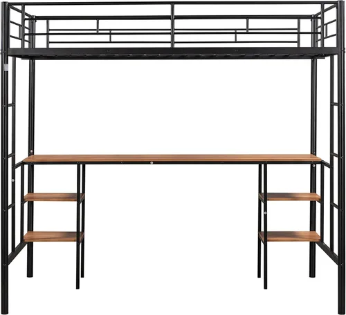 Miniatura 4 de Escritorio y estantes de metal tamaño individual, cama alta de metal con escritorio y estantes de almacenamiento, marco de cama que ahorra espacio