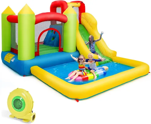 HONEY JOY Tobogán acuático inflable, 5 en 1, parque acuático gigante con pared de escalada y toboganes, piscina de chapoteo, toboganes acuáticos