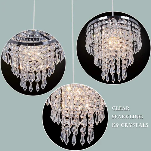 Miniatura 8 de Lámpara de techo de cristal de 3 niveles con colgante de cristal, decoración para pasillo, comedor, sala de estar, dormitorio, casquillo E26, cromado