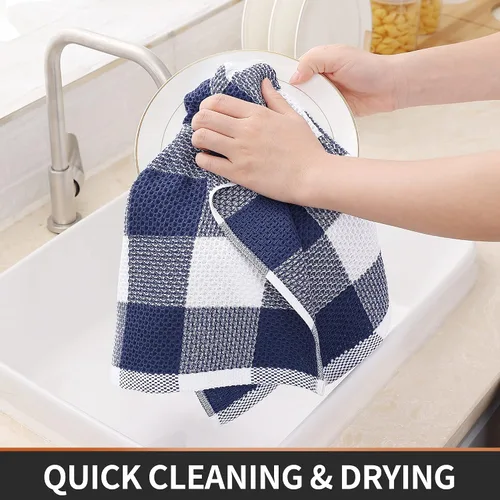 Miniatura 3 de Homaxy - Paños de cocina de 100% algodón, de punto gofre, a cuadros, muy suaves y absorbentes, de secado rápido, trapos para platos Blanco y azul