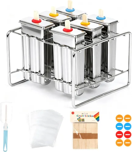 Juego de 6 moldes para paletas de hielo de acero inoxidable, moldes caseros para paletas con 50 palitos, 20 bolsas, 14 sellos de silicona, 1 cepillo