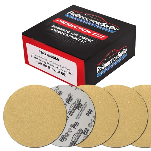 ProductionShop Discos de lijado dorados PSA de grano 60 de 6 pulgadas, caja de 80 unidades, papel de lija abrasivo autoadhesivo para lijadoras
