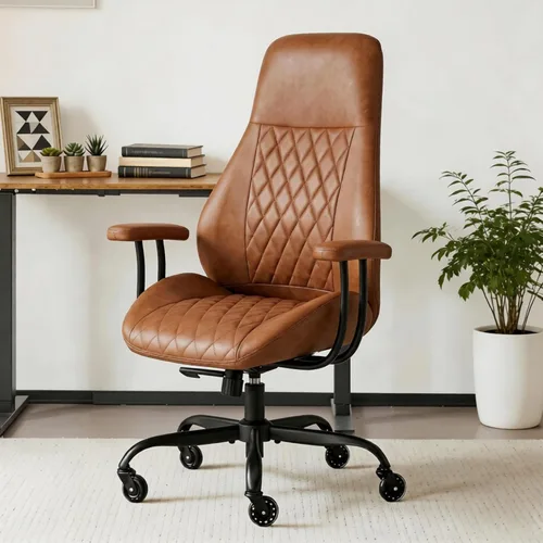 Miniatura 14 de E-Motie Silla de Escritorio para Oficina en Casa, Silla de Computadora de Cuero Ergonómica de Respaldo Alto con Soporte Lumbar, Altura Ajustable
