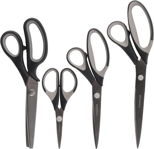 Miniatura 43 de BambooMN Juego de tijeras de titanio Softgrip para costura, arte, manualidades, oficina, 1 juego de 3 unidades, rojo con incrustaciones negras 3