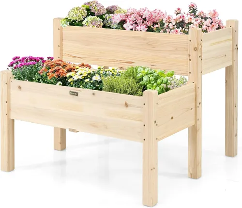 Miniatura 10 de Giantex Juego de 2 camas de jardín elevadas, caja de madera elevada, kit de cama elevada para flores, verduras, frutas, hierbas, contenedor de Gris