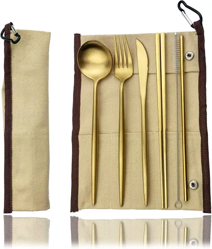 Miniatura 12 de JASHII El juego de cubiertos de viaje incluye cuchillo reutilizable, tenedor, cuchara, palillos, pajilla, utensilios ecológicos, utensilios de Azul