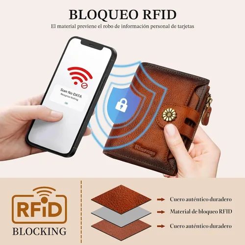 Miniatura 5 de Billetera para mujeres, billetera de cuero plegable de dos pliegues para mujeres con bloqueo RFID, compacta, tarjetero pequeño con ventana