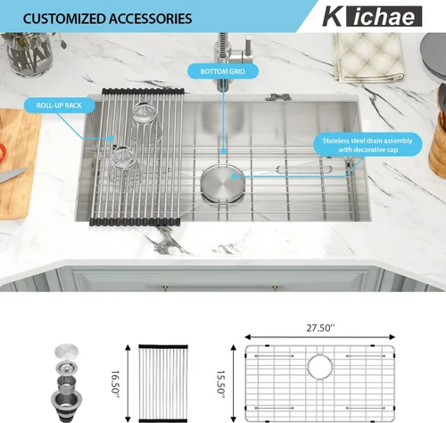 Miniatura 3 de Kichae Fregadero de Cocina Empotrado de 30 Pulgadas de Acero Inoxidable de Calibre 16 Fregadero de Cocina Hecho a Mano de Un Solo Tazón con Esquina