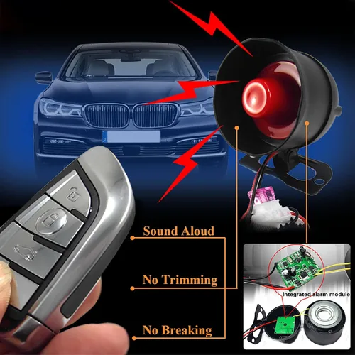 Miniatura 7 de Alarma de sirena de bocina de automóvil, sistema de protección de seguridad universal para automóvil con 2 controles remotos, sensibilidad de 7
