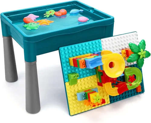 Mesa de actividades para niños de doble cara con almacenamiento, mesa multiactividad todo en uno, 105 piezas de bloques de construcción con pista de