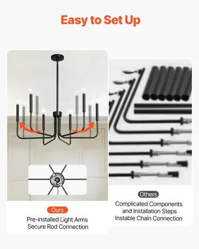 Miniatura 3 de VEVOR Candelabro de 6 Luces, Candelabro de Metal Estilo Granja, Altura Ajustable, Lámpara Colgante de Comedor para Techos, Candelabro Moderno