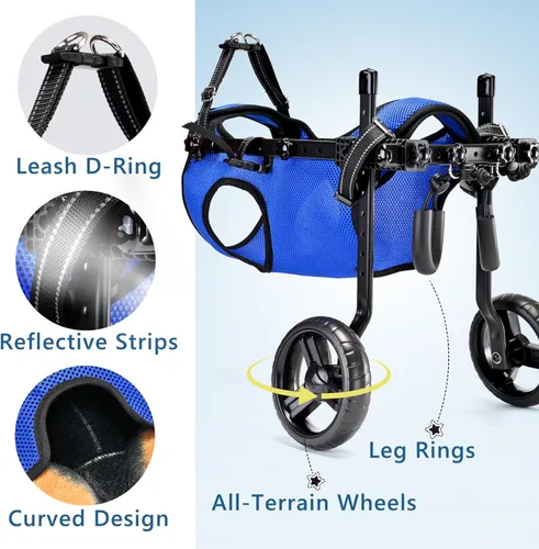Miniatura 6 de Silla de ruedas para perros para patas traseras, altura/longitud/ancho ajustable, silla de ruedas resistente con ruedas que absorben los golpes, Azul