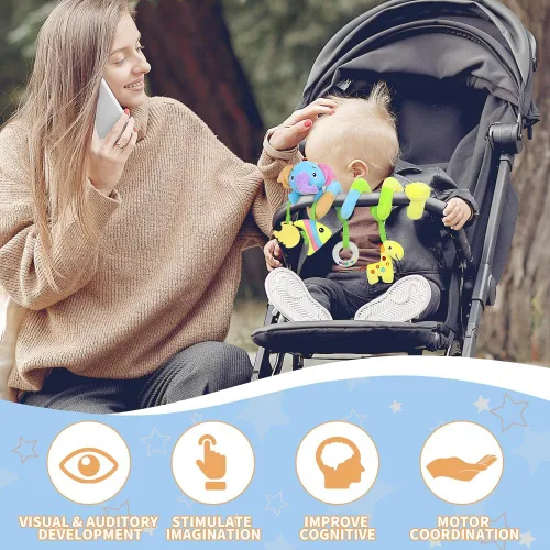 Miniatura 2 de Caterbee Juguetes de asiento de automóvil para bebé, juguete de peluche colgante suave con sonajero y mordedor, juguete de desarrollo sensorial