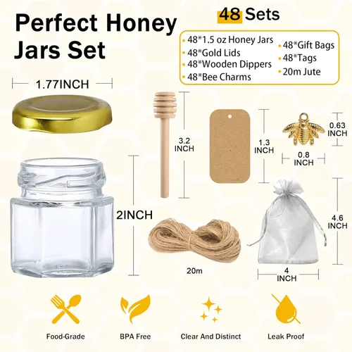 Miniatura 2 de Aliggbent - Paquete de 48 tarros de miel pequeños para fiestas, 42 g, hexagonales, con cucharas, tapas doradas, amuletos de abeja, bolsas de regalo