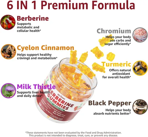 Miniatura 4 de Gomitas de berberina de 1500 mg sin azúcar, suplemento orgánico de berberina con canela de Ceilán, cromo, cúrcuma, cardo mariano para el metabolismo