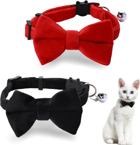 Mozeat Lens 2 piezas de collar de terciopelo para gato, lindo collar de pajarita para niños y gatos, collares de gatito con campana ajustable para