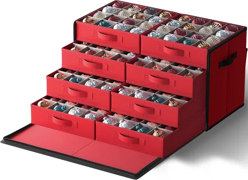 SONGMICS Caja de almacenamiento grande para adornos de Navidad, con lateral abierto, contenedor de almacenamiento de Navidad apilable con tapa, Rojo