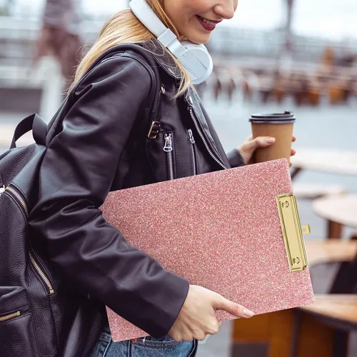 Miniatura 4 de Piasoenc Portapapeles de Acrílico, Tablero con Clip de Purpurina Elegante con Clip Dorado de Perfil Bajo, Diseñado para Uso en Aula, Escuela y Rosa