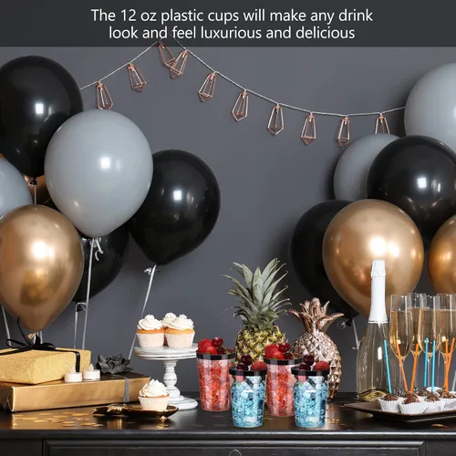 Miniatura 7 de Norme 50 vasos de plástico de 12 onzas desechables para fiesta con borde, vasos transparentes de plástico para vino, café, cumpleaños, boda, Negro