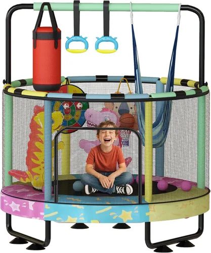 Lamerge Kids Trampoline, Toddler Bouncing Trampoline with Safety Enclosure Net, ASTM-Approved, 500lbs Capacity, Ages 1-8, Adjustable Handrail,