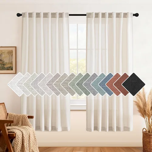 Miniatura 44 de H.VERSAILTEX Cortinas de lino natural de 63 pulgadas de largo para sala de estar, 2 paneles con trabillas traseras y bolsillo, texturizadas