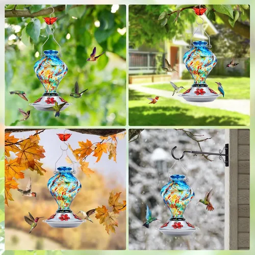 Miniatura 7 de BOLITE - Alimentador de colibríes, de vidrio soplado a mano, diseño torcido, para exteriores, con trampa para hormigas y cinco puertos de Azul