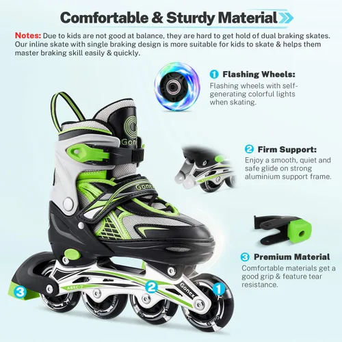 Miniatura 6 de Gonex Patines en línea para niñas y niños, patines ajustables para exteriores, patines en línea para niños, adolescentes y mujeres con ruedas Verde