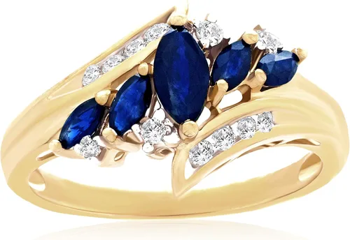 Anillo de compromiso de derivación de oro amarillo de 14 quilates corte marquesa azul y diamantes de 110 quilates color I-J claridad I2-I3 talla 7