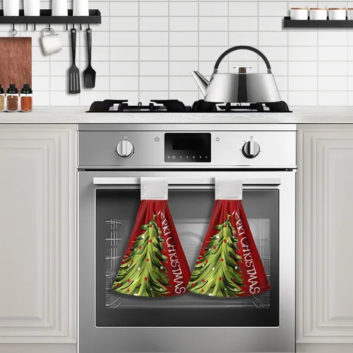Miniatura 3 de Toallas de cocina colgantes con diseño de árbol de Navidad, color rojo y verde, toalla de mano de Navidad con lazo para colgar, toallas de cocina