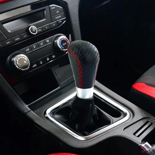 Miniatura 2 de Pomo de palanca de cambios tipo R de cuero negro de repuesto para la mayoría de automóviles manuales MT, cosido en rojo