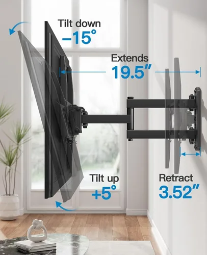 Miniatura 5 de Pipishell Soporte de pared para TV de movimiento completo para televisores curvos planos de 26 a 65 pulgadas, brazos articulados individuales