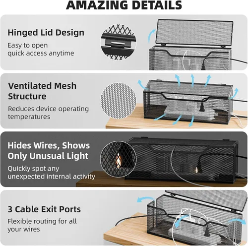 Miniatura 6 de Marbrasse Paquete de 3 cajas de organización de cables, caja organizadora de cables de malla metálica para cables de TV, ocultación eléctrica