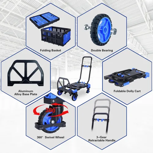 Miniatura 4 de Carro de mano 2 en 1 plegable con cesta, carretilla de mano plegable con mango retráctil, carrito de mano plegable de capacidad de 330 libras, B-AZUL