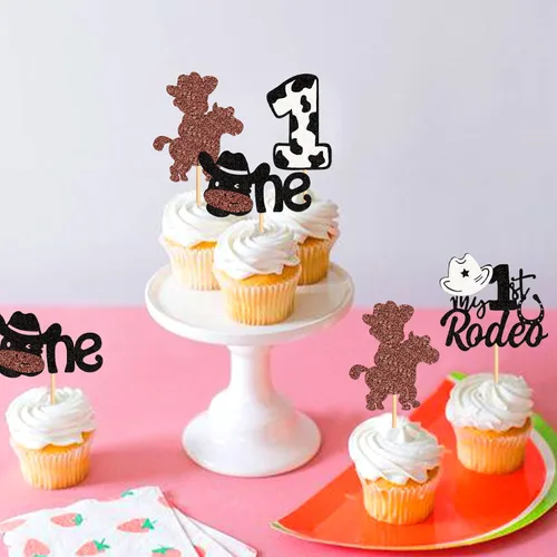 Miniatura 4 de 24 piezas de decoración de cupcakes con purpurina de vaca blanca y negra, para vaqueros, baby shower, niños y niñas, decoración de pastel