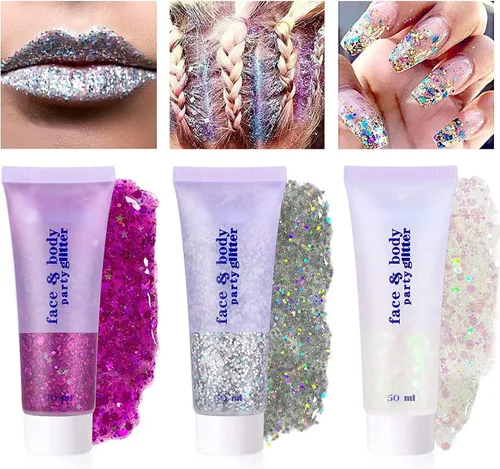 Miniatura 4 de Brillantina para la cara azul, traje de neón brillante, para fiesta, lentejuelas holográficas, maquillaje en gel con purpurina corporal (01# azul)