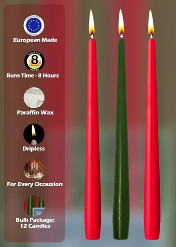 Miniatura 2 de Hyoola Velas de Navidad, velas cónicas verdes y rojas de 10 pulgadas, sin goteo, paquete de 12 velas navideñas sin perfume, hechas en Europa