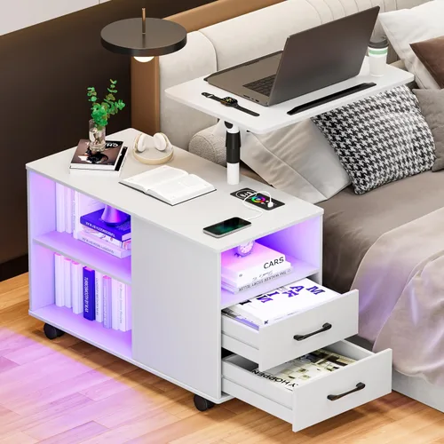 Miniatura 12 de Gurexl Mesita de noche LED de 360° con estación de carga inalámbrica, mesita de noche ajustable movible con bandeja para portátil, soporte de noche