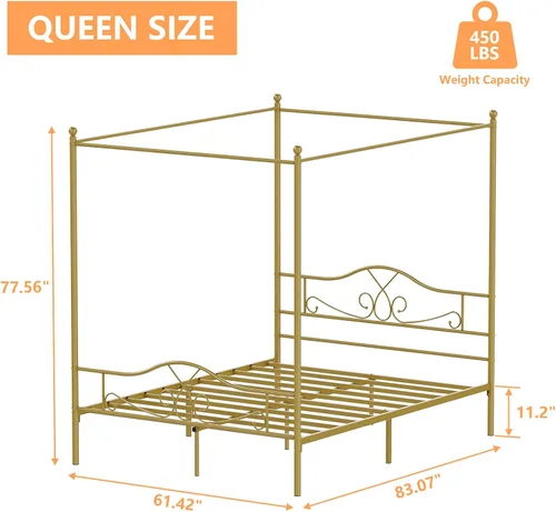 Miniatura 6 de Weehom - Estructura de cama con dosel individual, con cabecero y pie de cama, cortinas de cuatro postes de metal, diseño de plataforma de cama