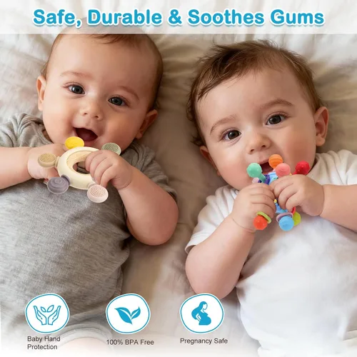 Miniatura 3 de Paquete de 2 juguetes de dentición para bebés de 0-6 6-12 meses, juguetes de silicona calmantes para la dentición del bebé y juguetes sensoriales